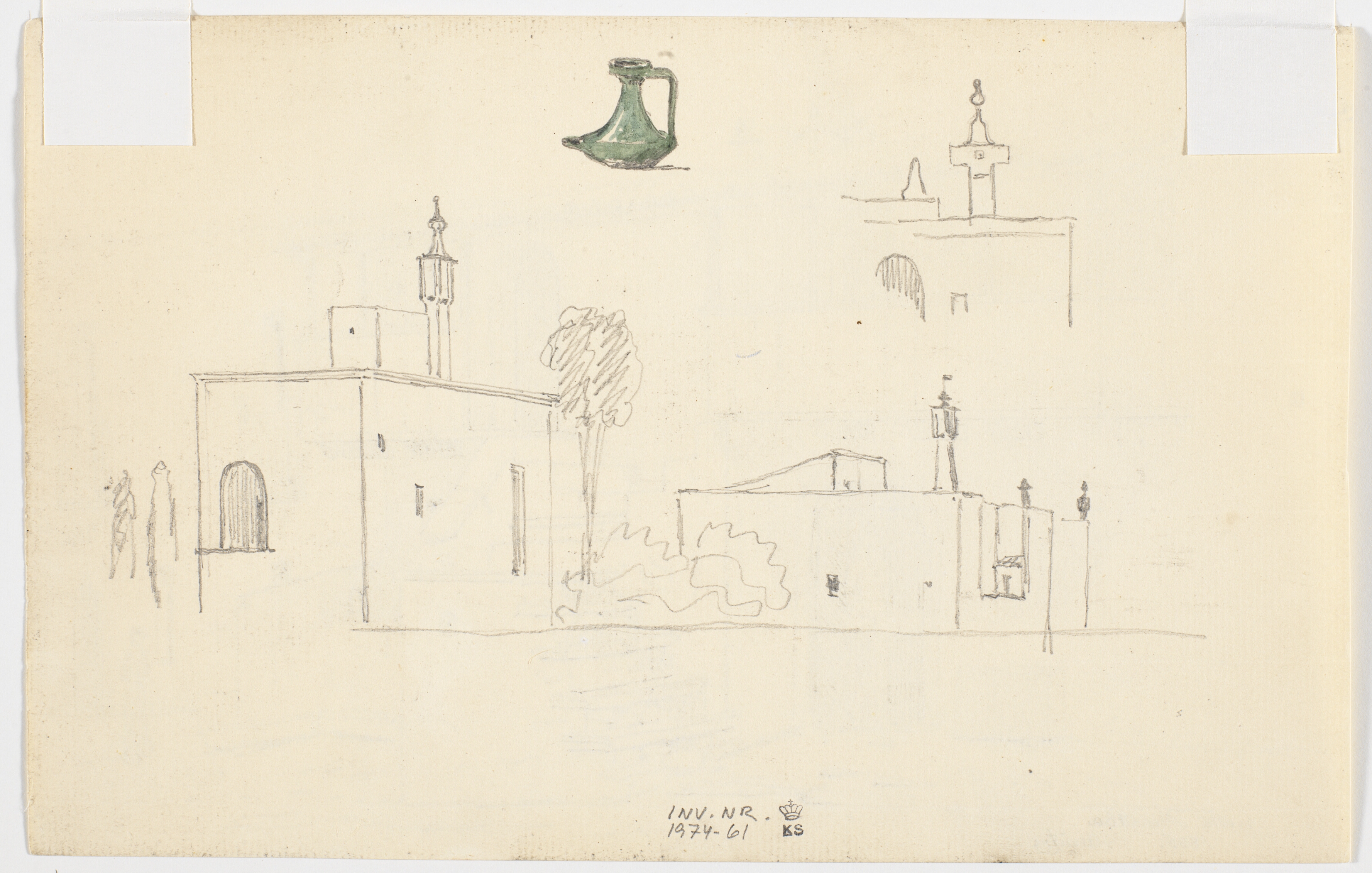 Studier af bygninger og en kande